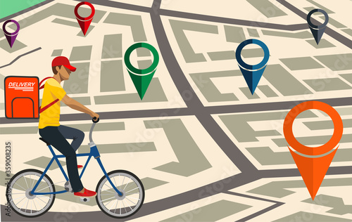 Delivery service concept, order tracking. Fast delivery by bicycle.  Flat vector illustration.