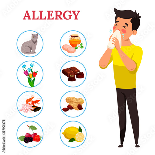 Allergy concept. Boy sneezes or blows nose in handkerchief, allergic reaction of immune system. Types of allergens: some foods, sweets, pet hair, seasonal flower. Vector.