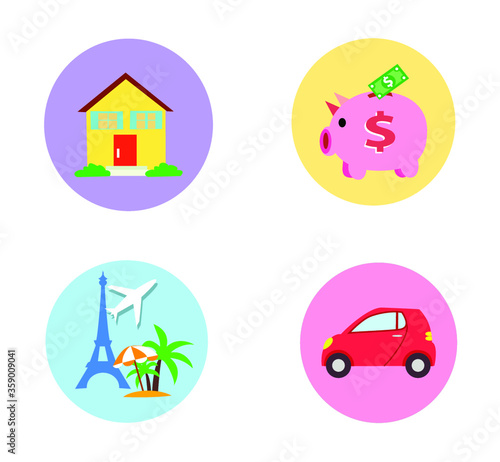  Illustration of different money investment and saving option .Money concept with investment vector icons.Future planing or retirement concept.