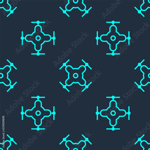 Green line Drone flying icon isolated seamless pattern on blue background. Quadrocopter with video and photo camera symbol. Vector Illustration.