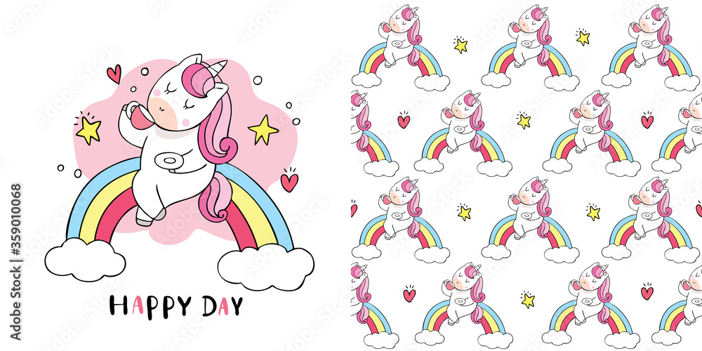Cartoon cute sweet unicorn drink coffee on rainbow seamless pattern vector.