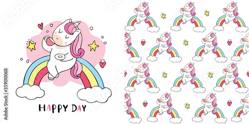 Cartoon cute sweet unicorn drink coffee on rainbow seamless pattern vector.