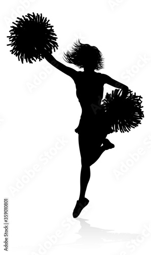 Sports cheerleader in silhouette with pompoms