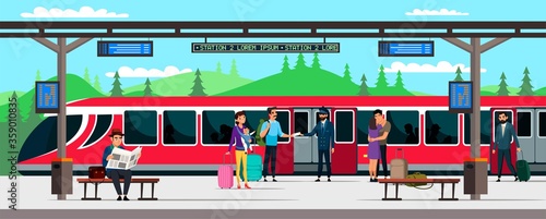 Vector character illustration of train station and passengers