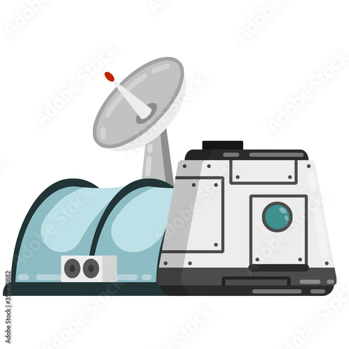 Marisan module. Spaceship, base, and living quarters. Space flight and Mars colonization. Future and science. Cosmonaut colony and dome. Radar and dome. Flat cartoon
