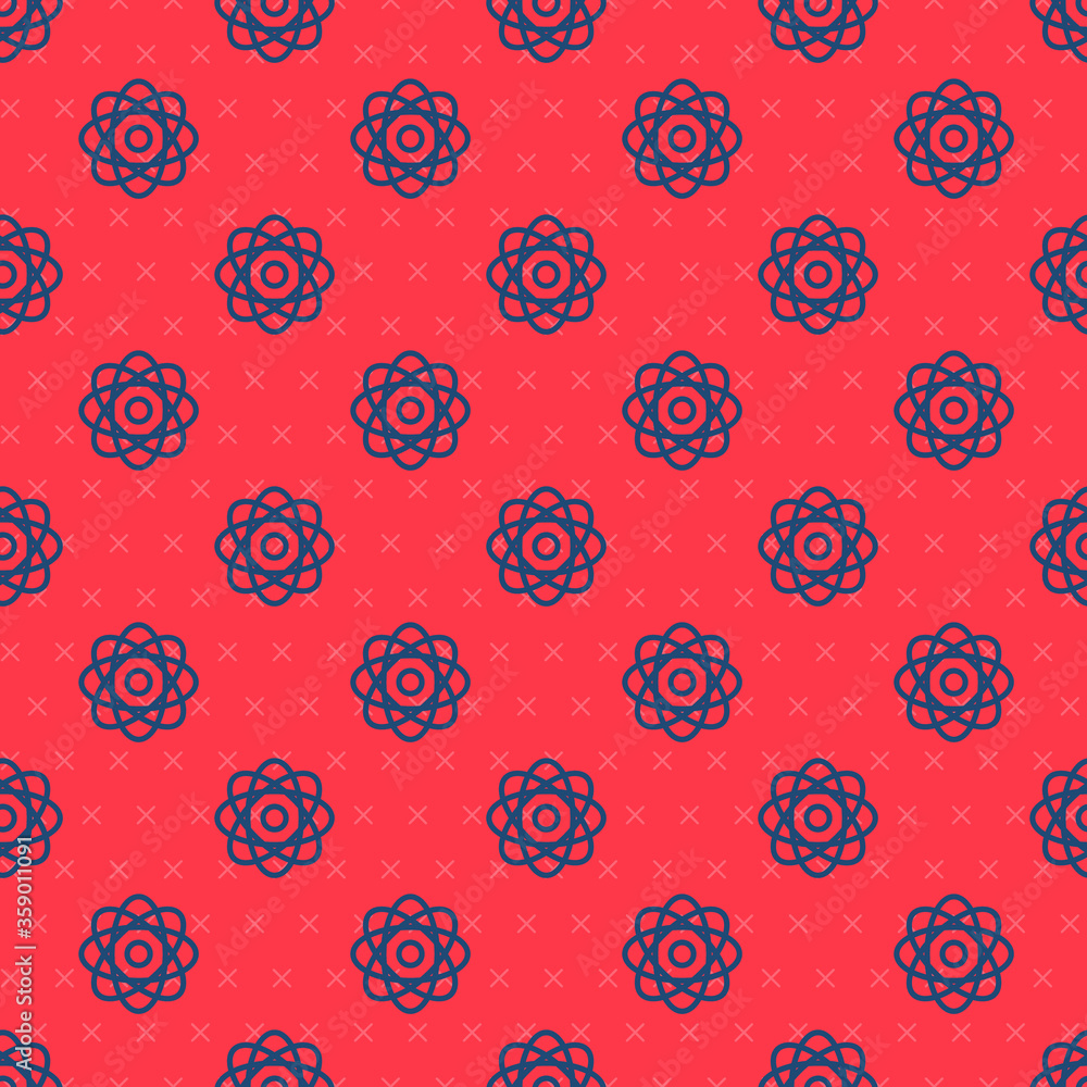 Fototapeta premium Blue line Atom icon isolated seamless pattern on red background. Symbol of science, education, nuclear physics, scientific research. Vector Illustration.