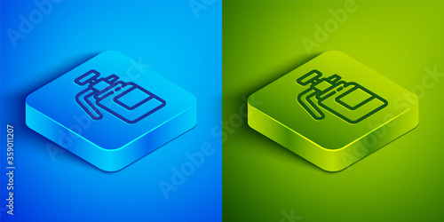 Isometric line Garden sprayer for water, fertilizer, chemicals icon isolated on blue and green background. Square button. Vector Illustration.