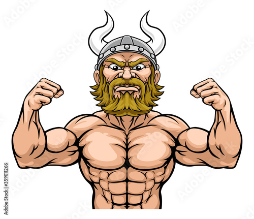 A viking warrior or barbarian strong mascot flexing muscles cartoon character