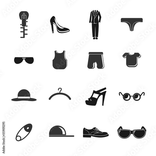 clothing icon set with dress, shoes, fashion elements, woman heel