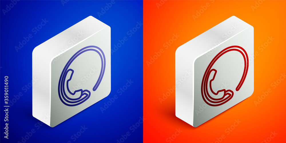 Isometric line Telephone 24 hours support icon isolated on blue and orange background. All-day customer support call-center. Full time call services. Silver square button. Vector Illustration. Isometric line Telephone 24 hours support icon isolated on blue and orange background. All-day customer support call-center. Full time call services. Silver square button. Vector Illustration.