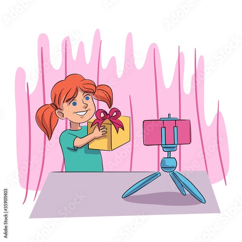 Vector girl blogger shooting unpacking present box