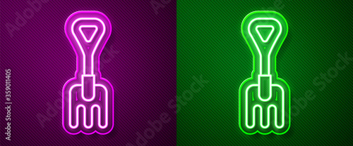 Glowing neon line Garden rake icon isolated on purple and green background. Tool for horticulture, agriculture, farming. Ground cultivator. Vector Illustration.