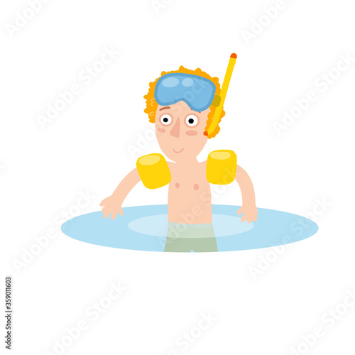 Boy in inflatable armbands learns to swim. Red hair Child plays in water. Mask for underwater diving. Summer holiday or vacation at sea. Cartoon flat illustration