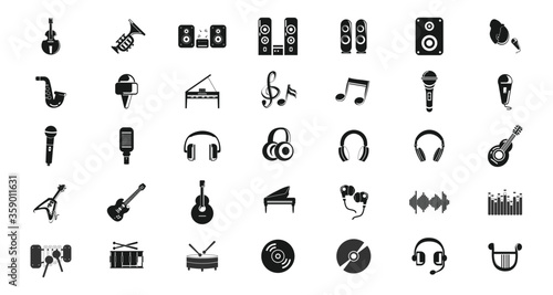 music icon set with musical instruments, guitar, drums, musical notes, headphones, microphone