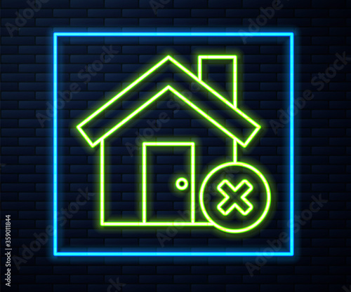Glowing neon line House with wrong mark icon isolated on brick wall background. Home and close  delete  remove symbol. Vector Illustration.