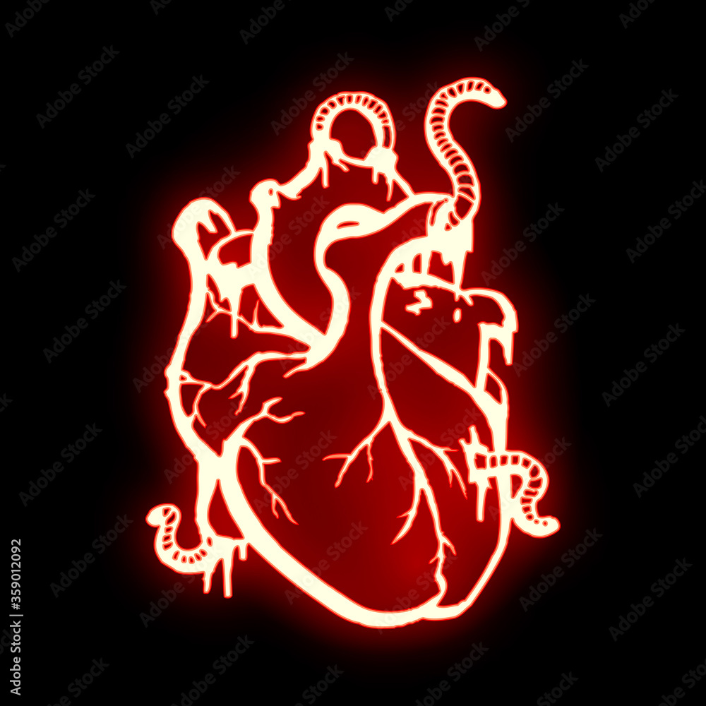 An abstract image of the heart with the help of neon contours, which is pierced by worms and bleeds. An abstract image of the heart with the help of neon contours, which is pierced by worms and bleeds.