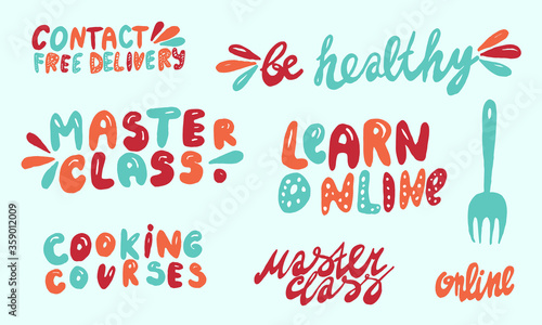 Handwritten vector typography for online cooking master class. Isolated lettering text. Hand drawn illustration. Collection of colorful typographic inscriptions. Banner, poster template