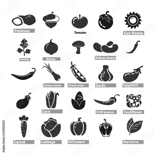 vegetables icon set with cucumber, garlic, bay leaves, eggplant, green peas, bell pepper, chili pepper, onion, parsley, tomato