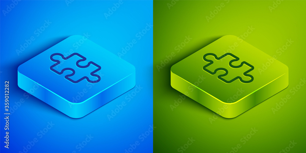 Isometric line Piece of puzzle icon isolated on blue and green background. Business, marketing, finance, layout, infographics, internet concept. Square button. Vector Illustration. Isometric line Piece of puzzle icon isolated on blue and green background. Business, marketing, finance, layout, infographics, internet concept. Square button. Vector Illustration.