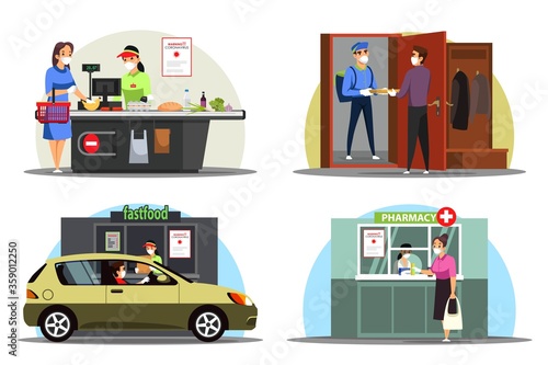 Masked people in distance service scenes set, coronavirus pandemic