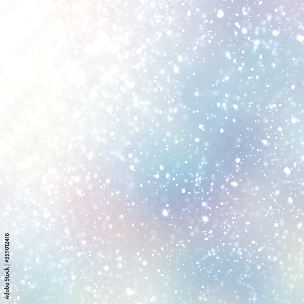Light snow on iridescent blur background. Winter holographic texture. Magical holiday illustration.