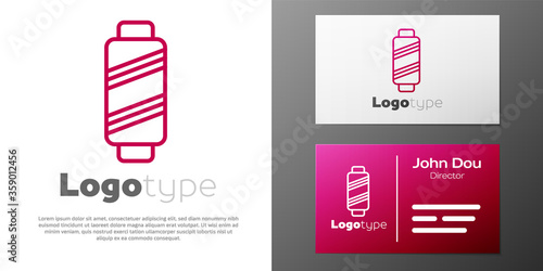 Logotype line Sewing thread on spool icon isolated on white background. Yarn spool. Thread bobbin. Logo design template element. Vector Illustration.