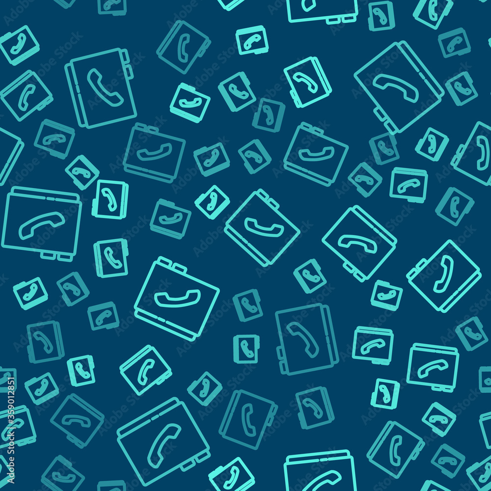 Green line Address book icon isolated seamless pattern on blue background. Notebook, address, contact, directory, phone, telephone book icon. Vector Illustration. Green line Address book icon isolated seamless pattern on blue background. Notebook, address, contact, directory, phone, telephone book icon. Vector Illustration.