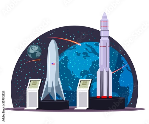 Podium with cosmic rocket and shuttle spacecraft in astronomy museum
