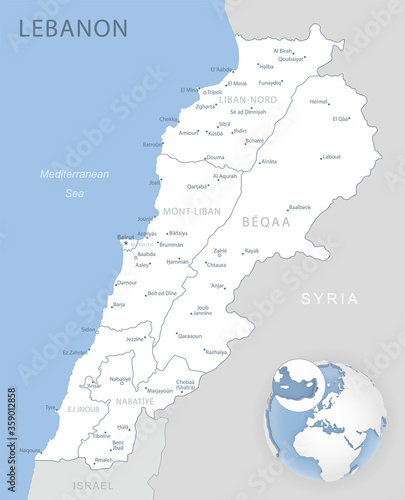 Blue-gray detailed map of Lebanon administrative divisions and location on the globe.