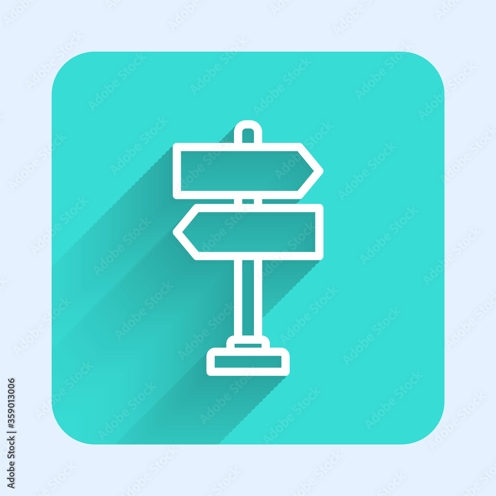 White line Road traffic sign. Signpost icon isolated with long shadow. Pointer symbol. Isolated street information sign. Direction sign. Green square button. Vector Illustration. White line Road traffic sign. Signpost icon isolated with long shadow. Pointer symbol. Isolated street information sign. Direction sign. Green square button. Vector Illustration.