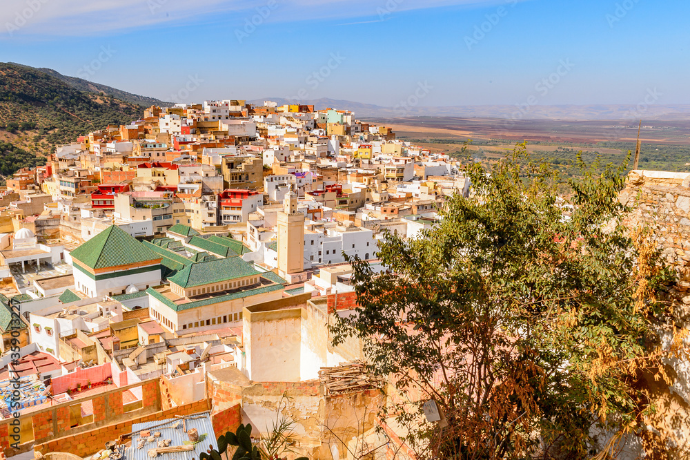 It's Aerial view of Moulay Idriss, the holy town in Morocco, named after Moulay Idriss I arrived in 789 bringing the religion of Islam