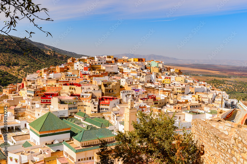 It's Aerial view of Moulay Idriss, the holy town in Morocco, named after Moulay Idriss I arrived in 789 bringing the religion of Islam