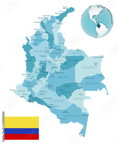 Colombia administrative blue-green map with country flag and location on a globe.