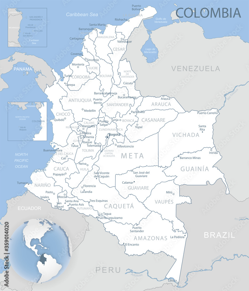Blue-gray detailed map of Colombia administrative divisions and location on the globe.
