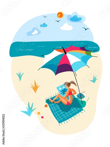 Vector woman drawing picture during rest on beach