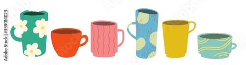 Colorful cups on white background. Mug illustration
