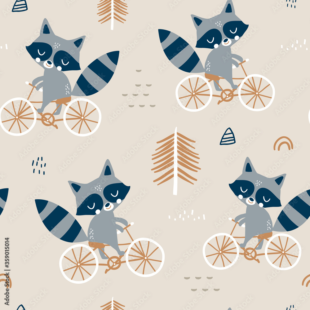 Seamless childish pattern with cute raccoons riding on bike. Forest backround. Perfect for babric printing, apparel, textile. Vector illustration