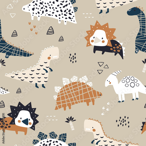 Childish seamless pattern with hand drawn dinozaurs in modern style. Creative vector childish background for fabric, textile photo