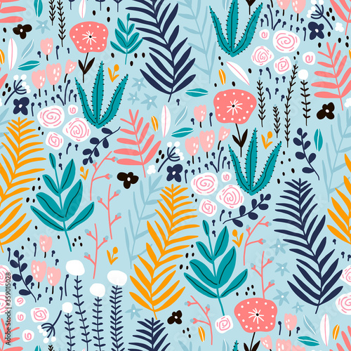 Seamless pattern with flowers, branch, leaves. Creative floral texture. Great for fabric, textile Vector Illustration