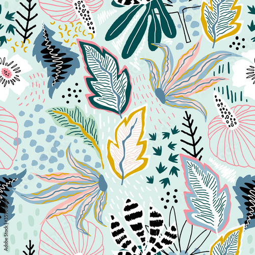 Seamless tropical pattern with hand drawn plants, leaves and exotic flowers. Jungle summer background. Perfect for fabric design, wallpaper, apparel. Vector illustration