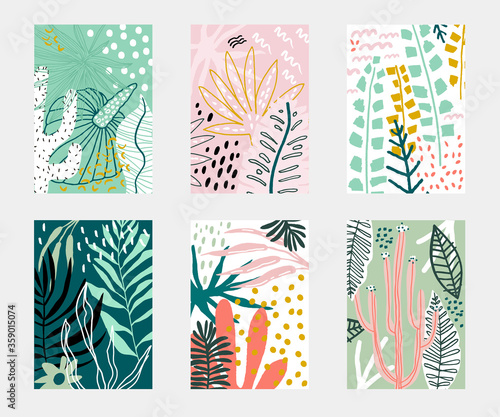 Set of Abstarct tropical flowers poster templates. Jungle folliage collages. artistic creative universal cards. Vector illustration