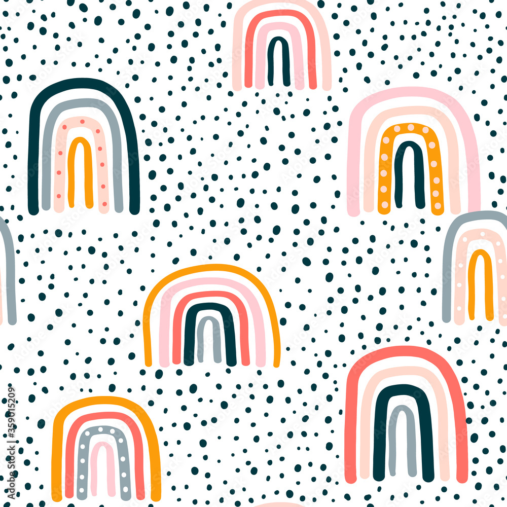 Fototapeta Childish seamless pattern with hand drawn rainbow and dots. Trendy kids vector background.
