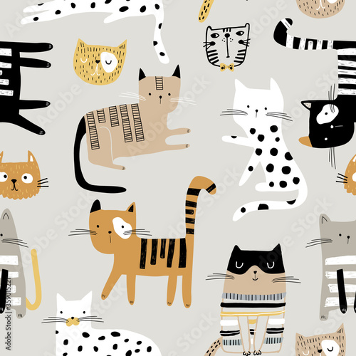 Seamless childish pattern with hand drawn cats in different poses. Creative kids hand drawn texture for fabric, wrapping, textile, wallpaper, apparel. Vector illustration