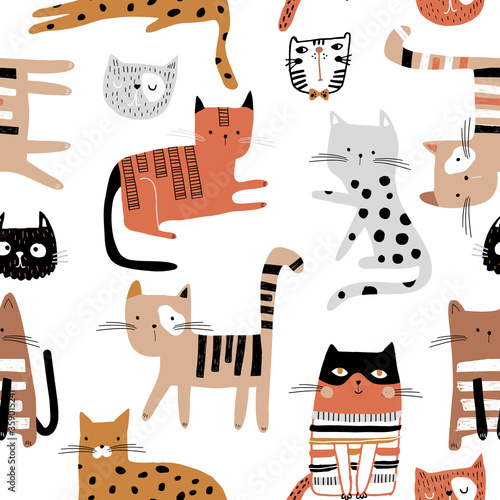 Seamless childish pattern with hand drawn cats in different poses. Creative kids hand drawn texture for fabric, wrapping, textile, wallpaper, apparel. Vector illustration