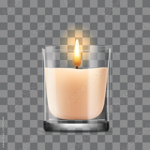 Burning Candle in a glass jar on a transparency background. Vector icon.