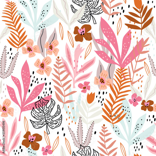 Seamless pattern with tropical foliage. Creative floral texture. Great for fabric, textile Vector Illustration
