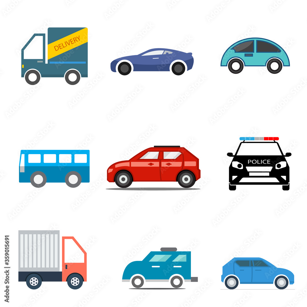 flat icons set,transportation,Car side view,Truck,Bus,Police car,vector illustrations