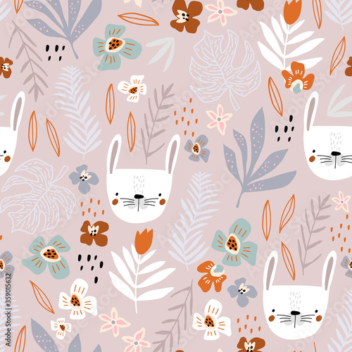 Seamless pattern with bunny faces and floral elements. Creative childish texture. Great for fabric, textile Vector Illustration
