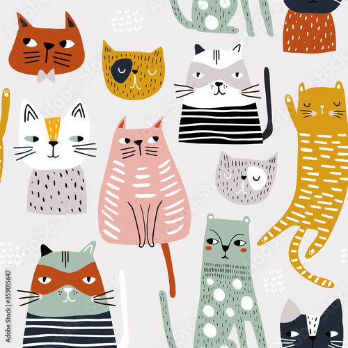 Seamless childish pattern with cute hand drawn cats. Creative kids hand drawn texture for fabric, wrapping, textile, wallpaper, apparel. Vector illustration