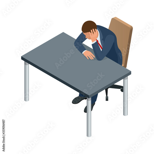 Isometric businessman isolated on write. Creating an office worker character, cartoon people. Businessman sits at a table sad, upset